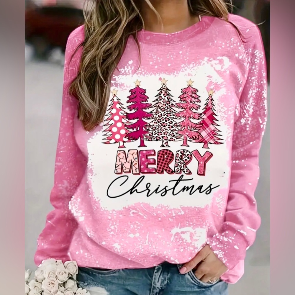 NWOT Plus Size Merry Christmas Pink Contrast Tree Holiday Long Sleeve Top 2XL